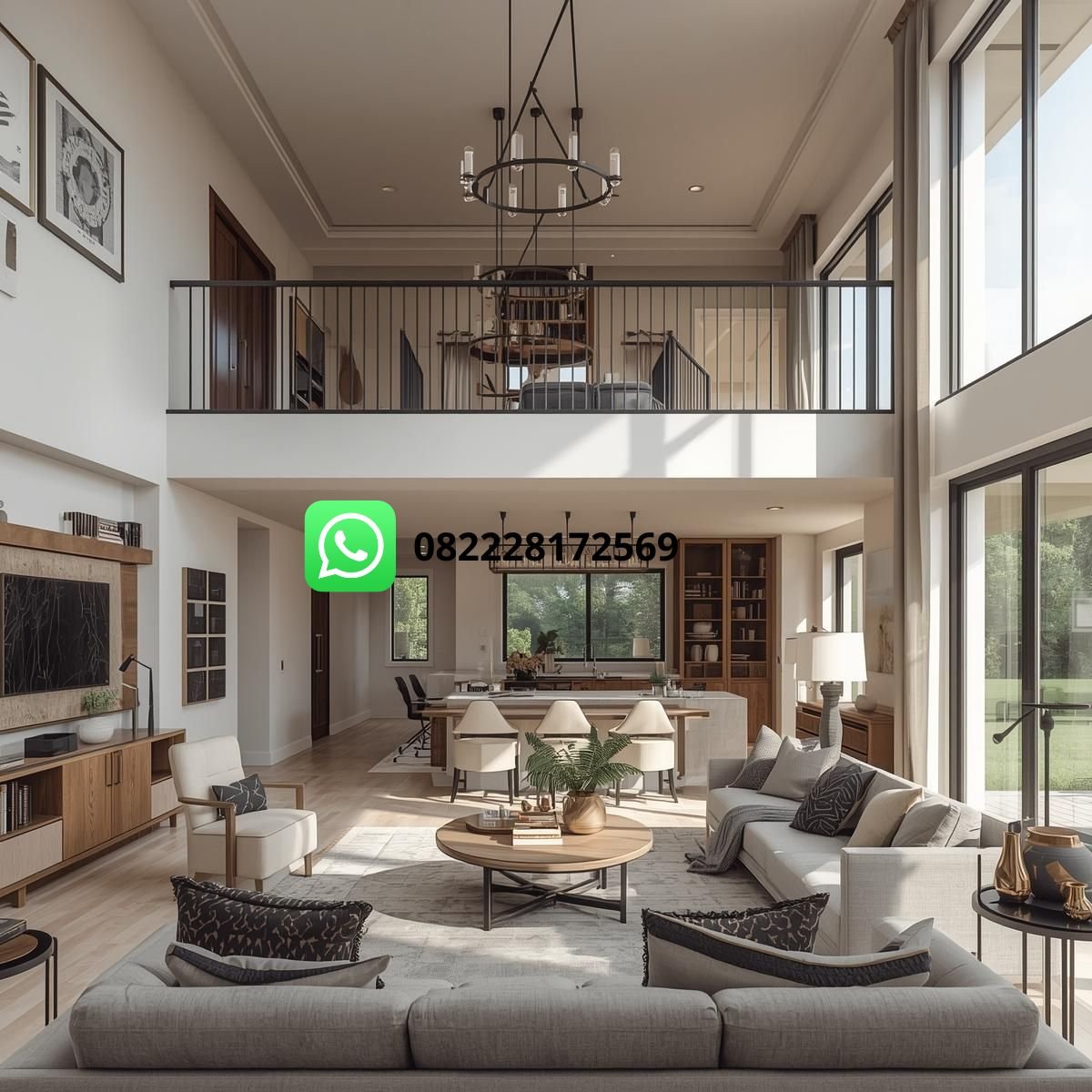 Desain interior rumah dua lantai dengan ruang terbuka