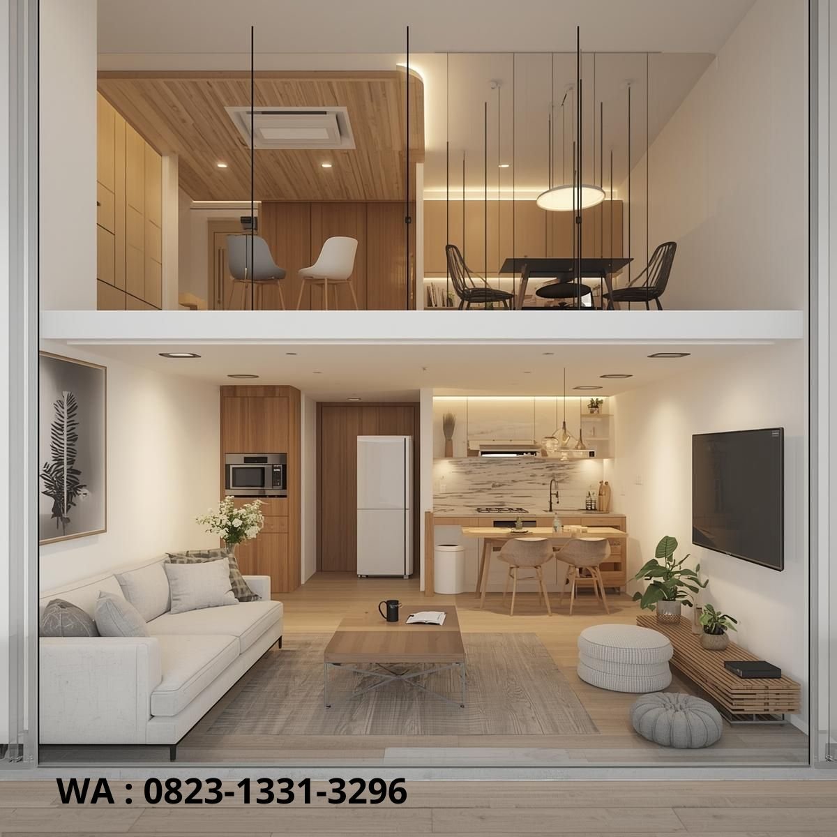 Interior rumah open space ruang tamu dapur